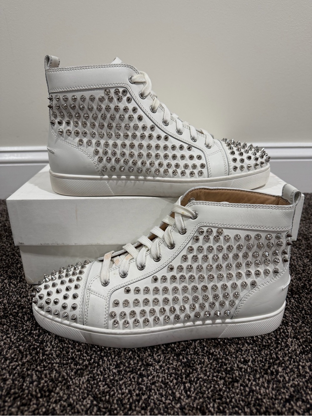 Christian Louboutin White High Top Studded Spike Accents Sneakers